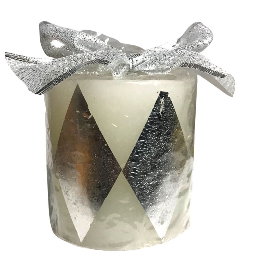 Decorative White & Silver Candle With Bow 3" Tall Hudson Bay Company